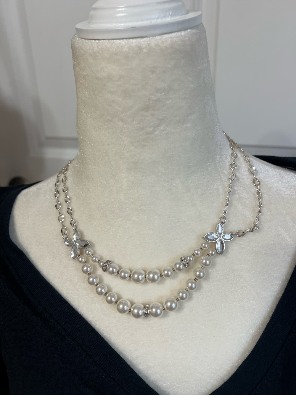 Elegant Silver-Tone Pearl Double Strand Necklace